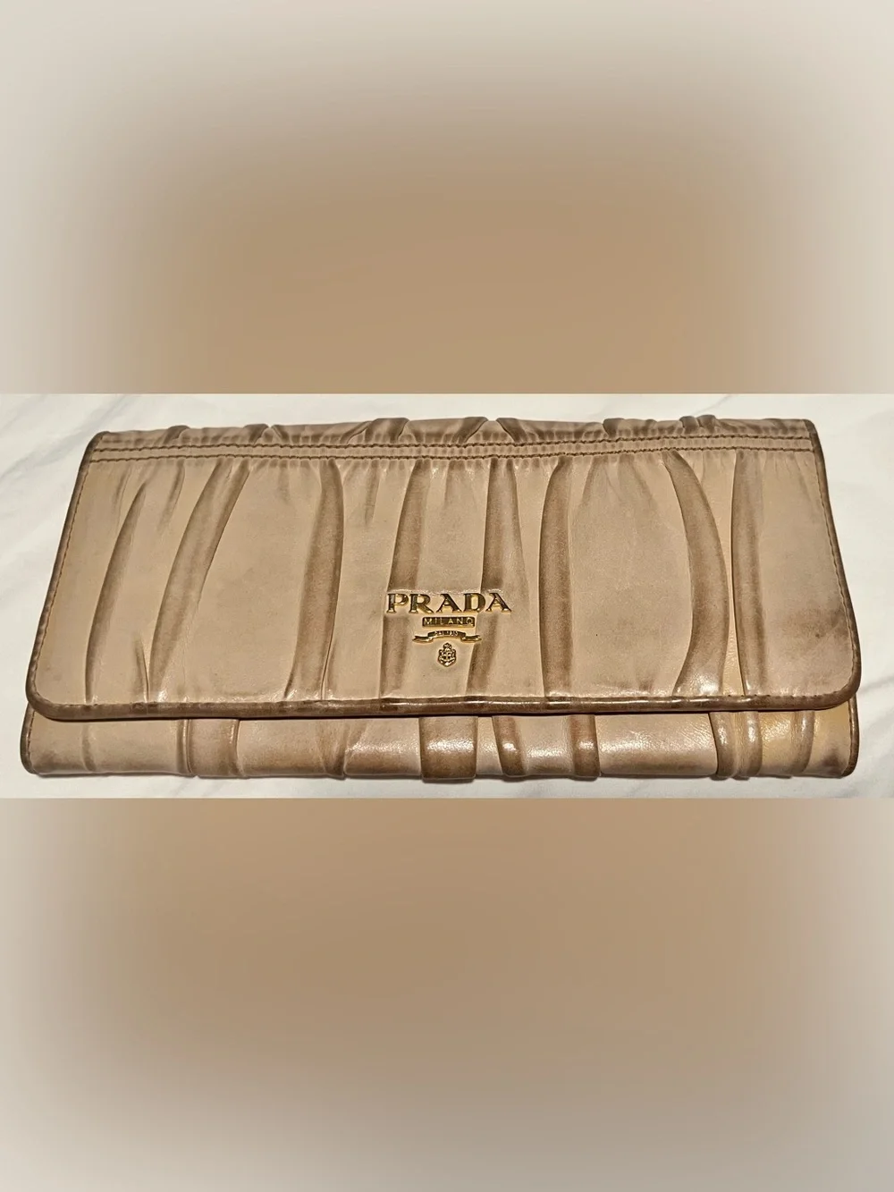 Prada Metallic Beige Ruched Leather Wallet with Gold Logo